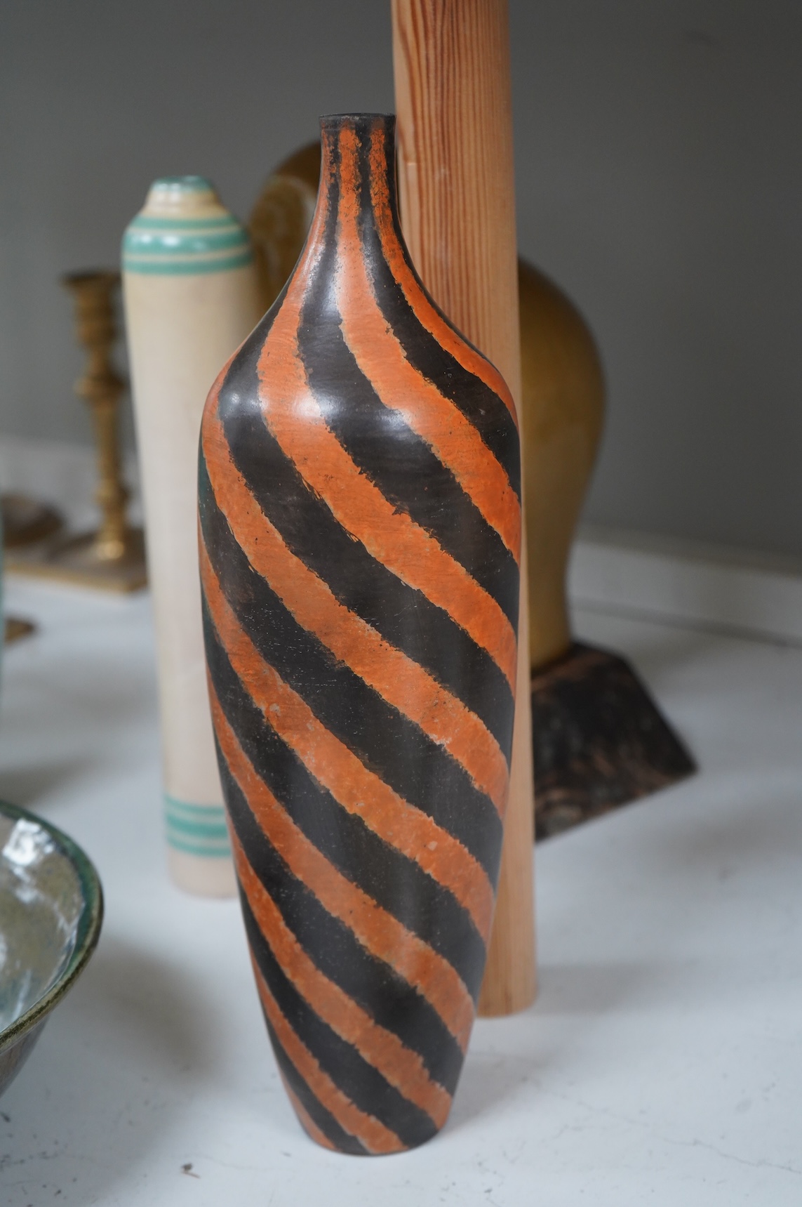 A collection of ceramics to include a Poole turquoise vase, modernist elephant and Santo Stefano di Camastra vase, largest 37cm high